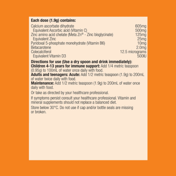 The Meta Zinc with Vitamin C Orange 228g Powder features an orange label showing supplement facts—Vitamin C as calcium ascorbate, Meta Zinc, and vitamin D3—plus dosage for adults/kids, storage tips, and a consult-your-healthcare-provider warning.